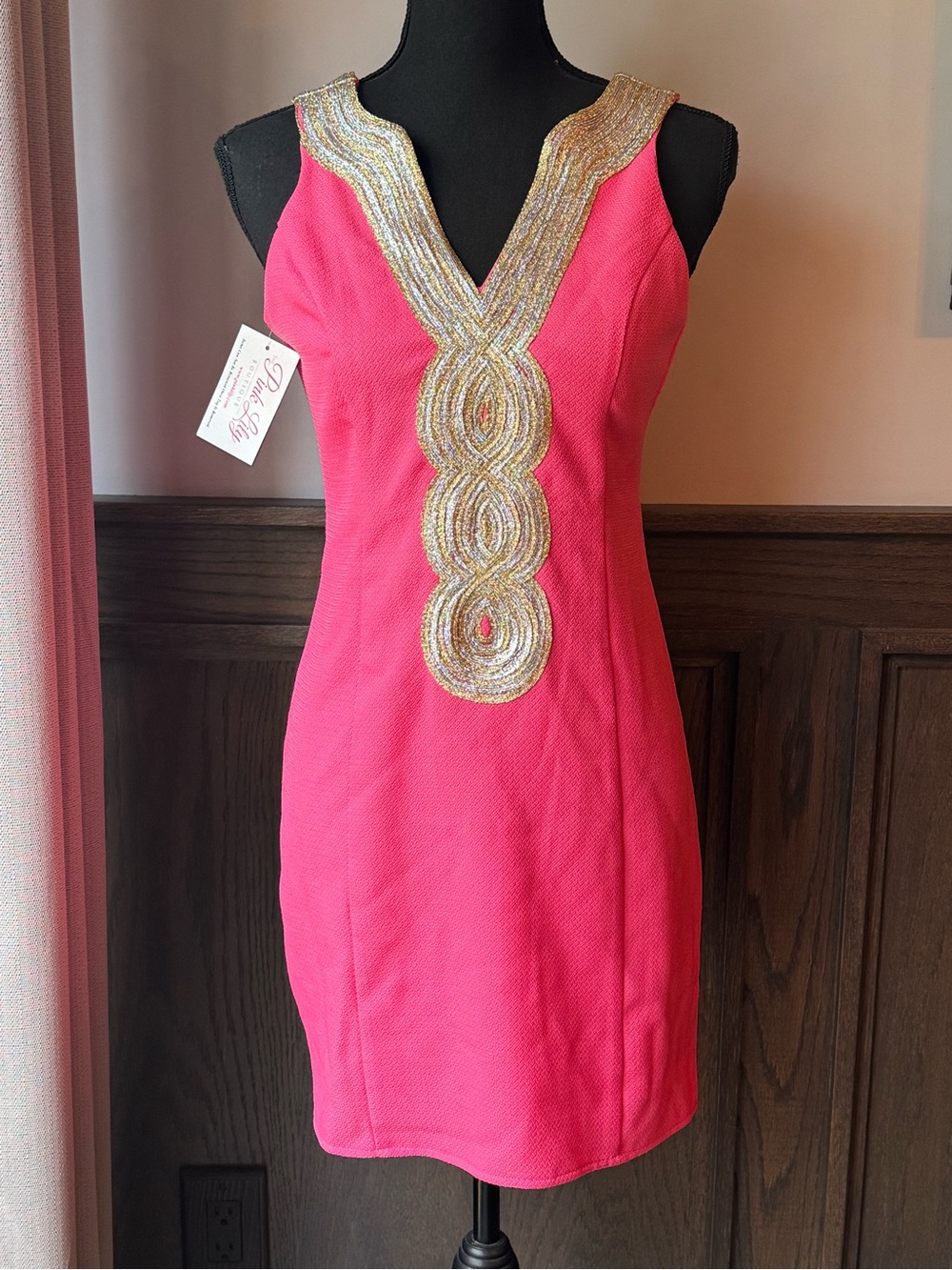 Pink Lily Hot Pink Mini Dress with Gold Beaded V-Neck medium NWT